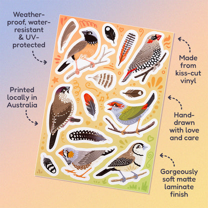 Features & benefits ('Hand-drawn with love and care', 'Made from kiss-cut vinyl', 'Gorgeously soft matte laminate finish', 'Weatherproof, water-resistant and UV-protected', 'Printed locally in Australia' surrounding 14 Australian finches & feathers (Zebra, Double-Barred, Plum-Headed, Red-Browed Firetail, Red-Eared Firetail, Black-Throated) stickers on a sheet on a pastel blue, peach and yellow background.