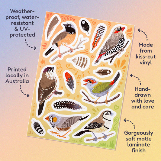 Features & benefits ('Hand-drawn with love and care', 'Made from kiss-cut vinyl', 'Gorgeously soft matte laminate finish', 'Weatherproof, water-resistant and UV-protected', 'Printed locally in Australia' surrounding 14 Australian finches & feathers (Zebra, Double-Barred, Plum-Headed, Red-Browed Firetail, Red-Eared Firetail, Black-Throated) stickers on a sheet on a pastel blue, peach and yellow background.