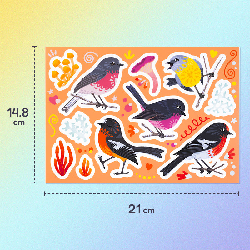 Colourful red/pink/orange/black Australian robin, lichen and fungi stickers on an A5 sheet on a yellow, blue and purple gradient background.