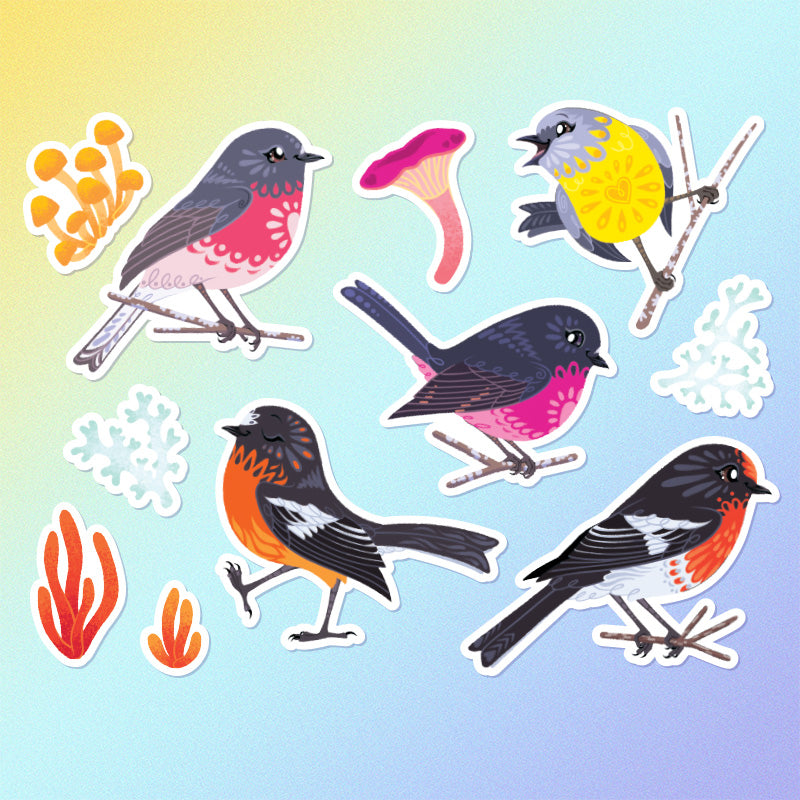 11 colourful red/pink/orange/black Australian robin, lichen and fungi stickers on a yellow, blue and purple gradient background.