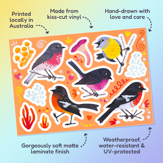 Features & benefits ('Hand-drawn with love and care', 'Made from kiss-cut vinyl', 'Gorgeously soft matte laminate finish', 'Weatherproof, water-resistant and UV-protected', 'Printed locally in Australia' surrounding 11 colourful red/pink/orange/black Australian robin, lichen and fungi stickers  on a sheet on a yellow, blue and purple gradient background.