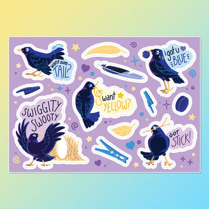 Colourful A5 sticker sheet of 5 different male Satin Bowerbirds, yellow leaves, blue feathers, pen caps, bottle caps and pegs on a blue and yellow gradient background.
