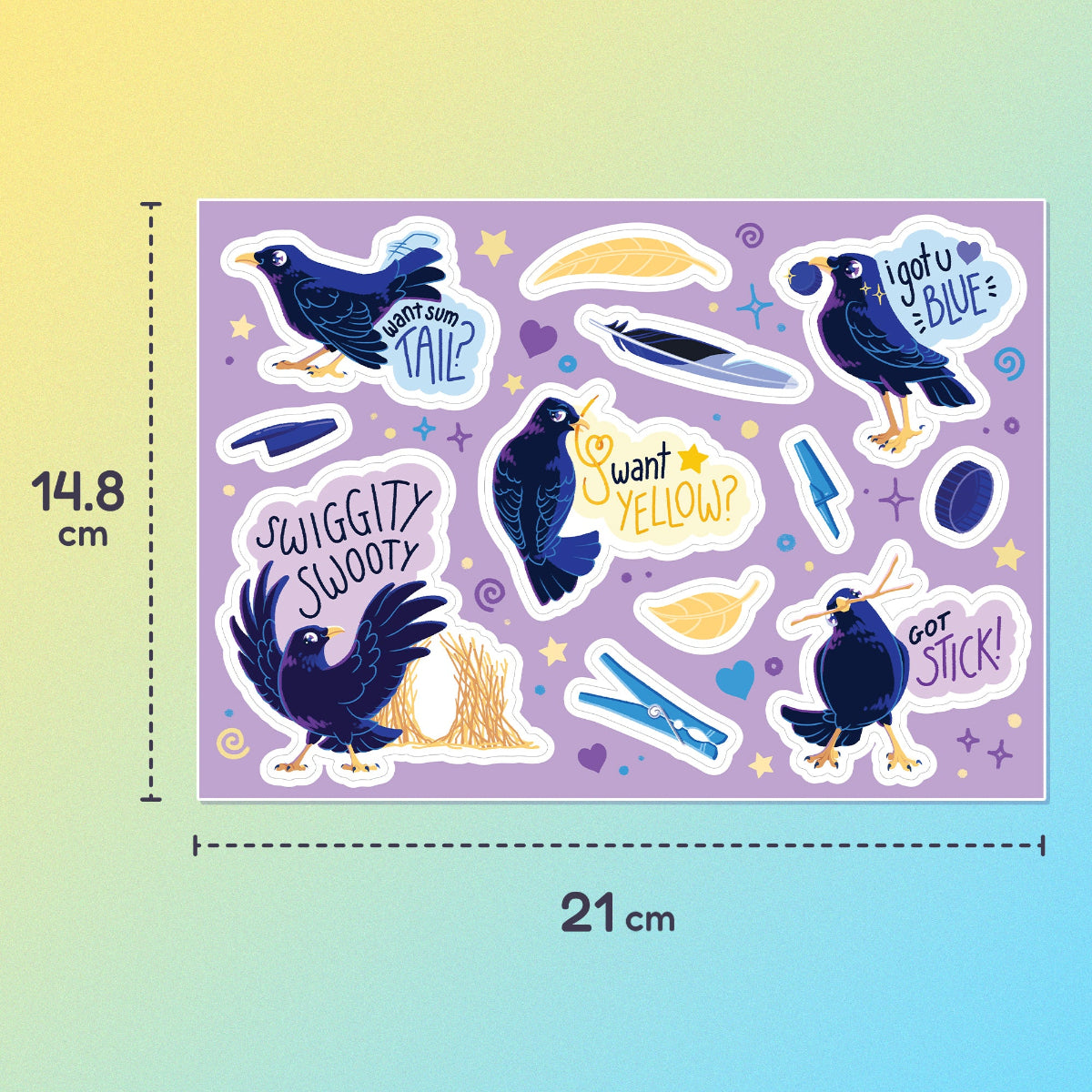 A5 (14.8 x 21cm) colourful sticker sheet of 5 different male Satin Bowerbirds, yellow leaves, blue feathers, pen caps, bottle caps and pegs on a blue and yellow gradient background.