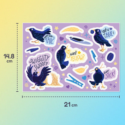 A5 (14.8 x 21cm) colourful sticker sheet of 5 different male Satin Bowerbirds, yellow leaves, blue feathers, pen caps, bottle caps and pegs on a blue and yellow gradient background.
