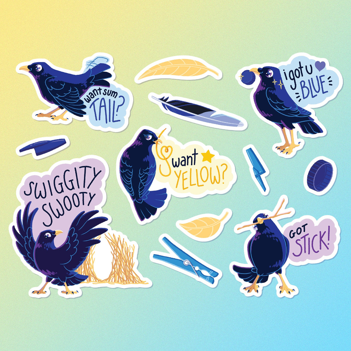 12 colourful stickers of 5 different male Satin Bowerbirds, yellow leaves, blue feathers, pen caps, bottle caps and pegs on a blue and yellow gradient background.