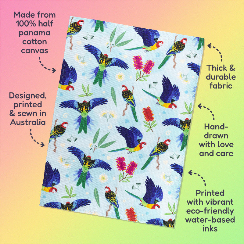 Features & benefits ('Made from 100% half panama cotton canvas, designed, printed & sewn in Australia, thick & durable fabric, hand-drawn with love and care, printed with vibrant eco-friendly water-based inks) surrounding a c
