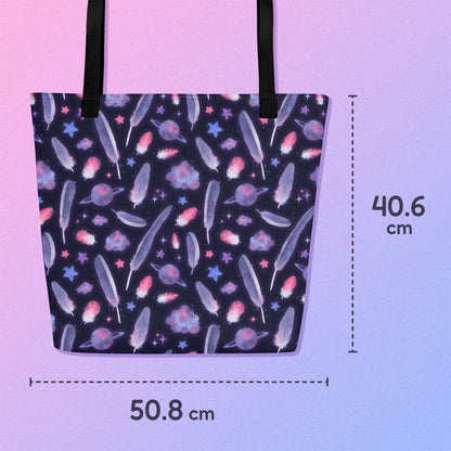 50.8 x 40.6cm tote bag with a black strap and galah cockatoo feather and galaxy-themed pattern on a gradient purple background.