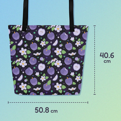 40.6 x 50.8cm tote bag with a black strap and purple apple and flower pattern on a gradient blue and green background