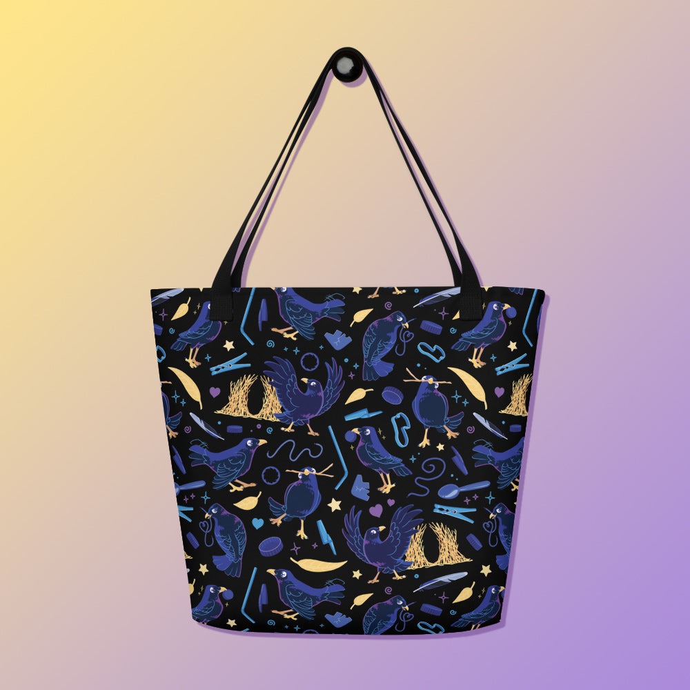 Tote bag with black handles and a black/blue/yellow satin bowerbird pattern pattern on a yellow and purple gradient background.