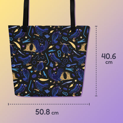 50.8x40.6cm tote bag with black handles and a black/blue/yellow satin bowerbird pattern pattern on a yellow and purple gradient background.