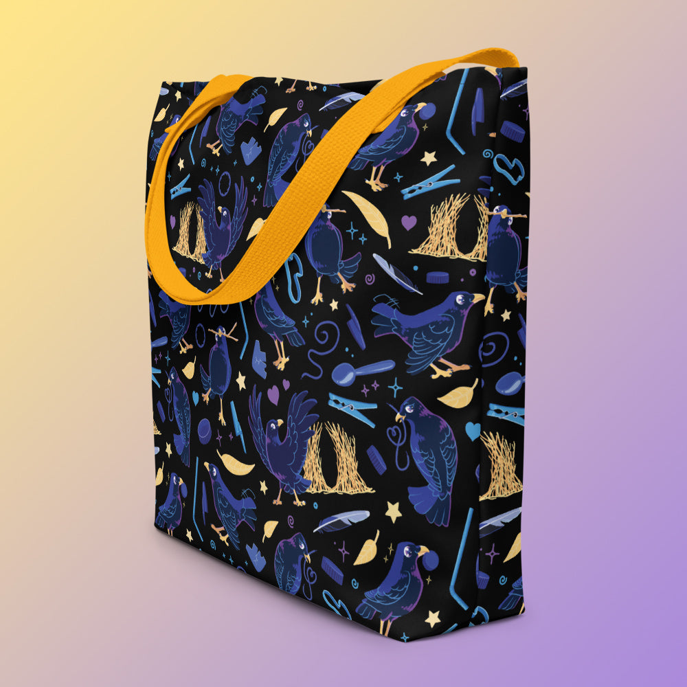 Tote bag on an angle with yellow handles and a black/blue/yellow satin bowerbird pattern pattern on a yellow and purple gradient background.