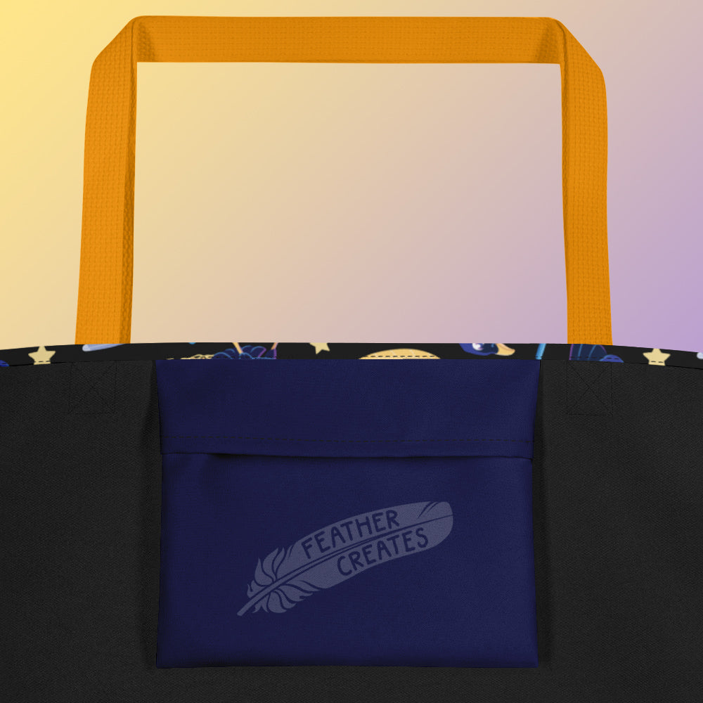 Close up of a dark blue fold-over pocket on the inside of a tote bag with a yellow strap on a gradient yellow and purple background.