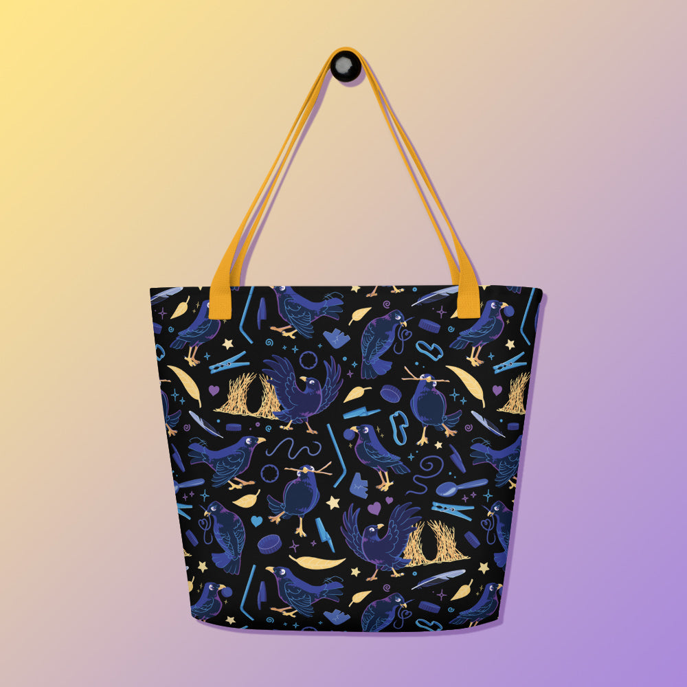 Tote bag with yellow handles and a black/blue/yellow satin bowerbird pattern pattern on a yellow and purple gradient background.