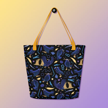 Tote bag with yellow handles and a black/blue/yellow satin bowerbird pattern pattern on a yellow and purple gradient background.