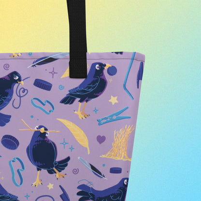 Close up of a tote bag with black handles and a purple/blue/yellow satin bowerbird pattern on a yellow and blue gradient background.