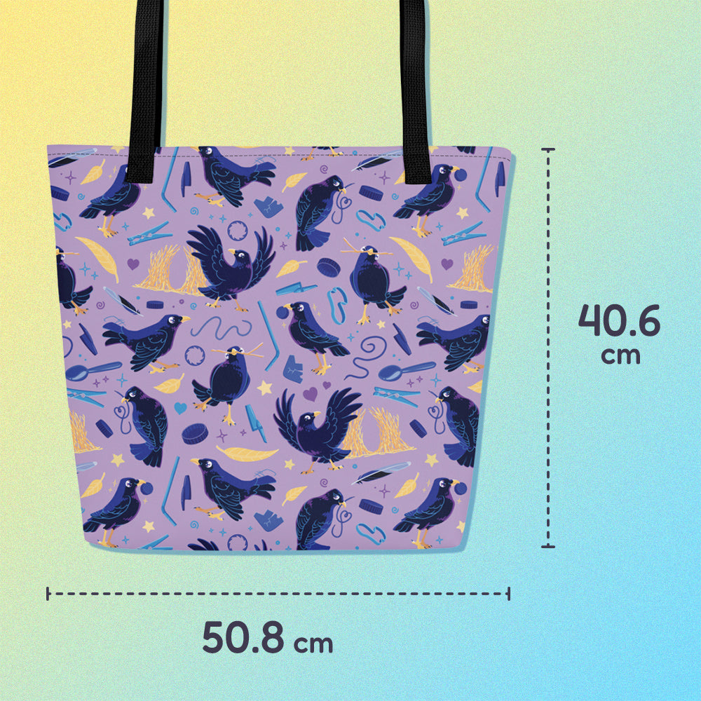 50.8x40.6cm tote bag with black handles and a purple/blue/yellow satin bowerbird pattern on a yellow and blue gradient background.
