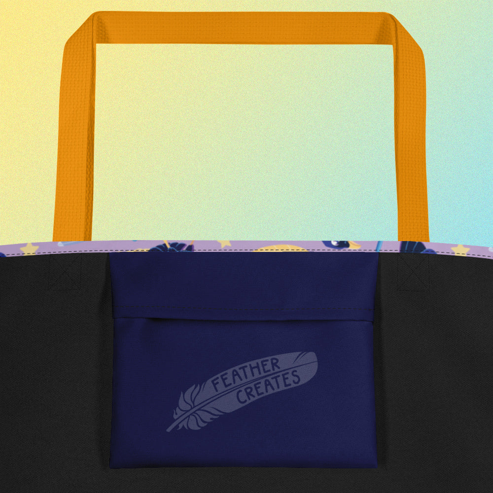 Close up of a dark blue fold-over pocket on the inside of a tote bag with a yellow strap on a gradient blue and yellow background.