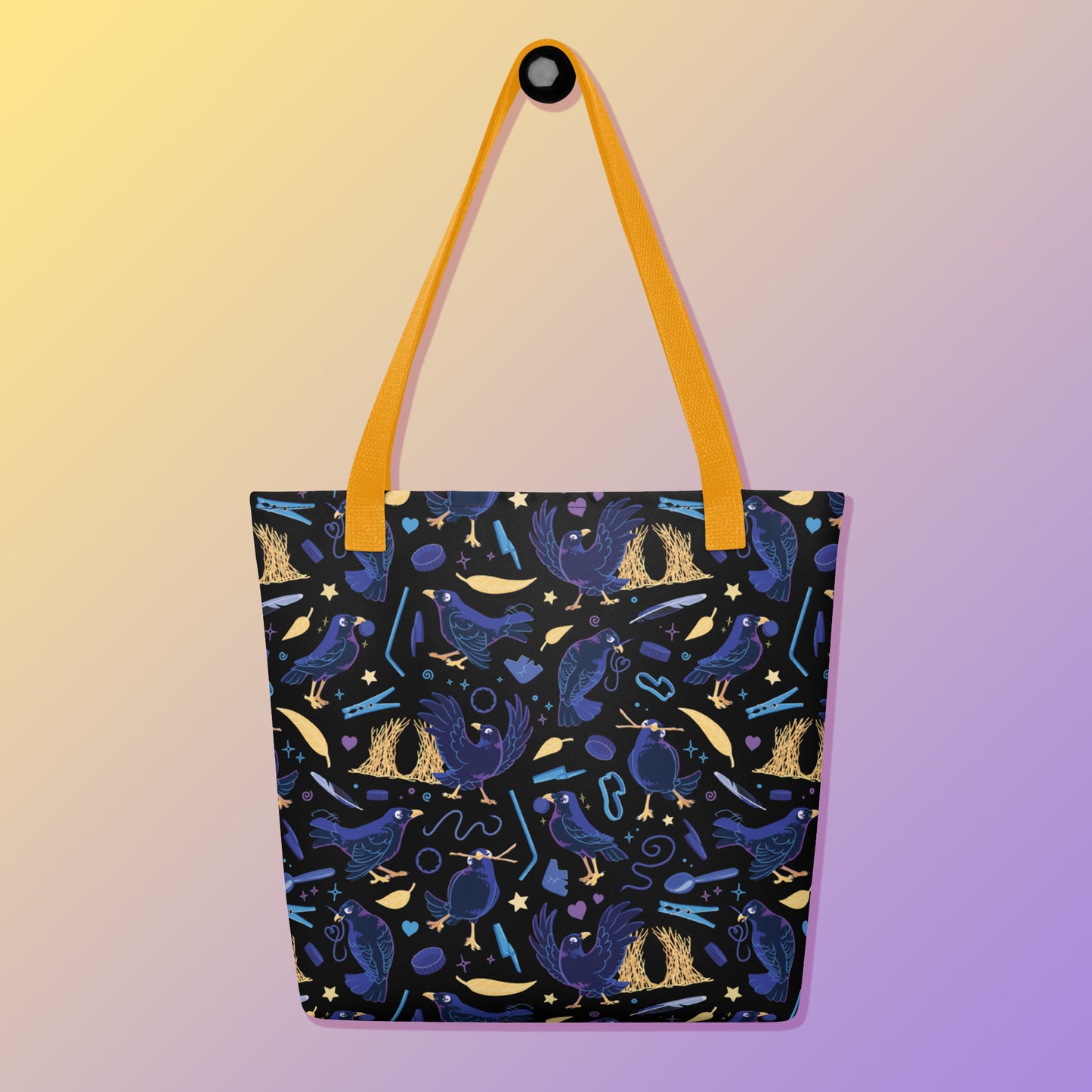 Tote bag with yellow handles and a black/blue/yellow satin bowerbird pattern pattern on a yellow and purple gradient background