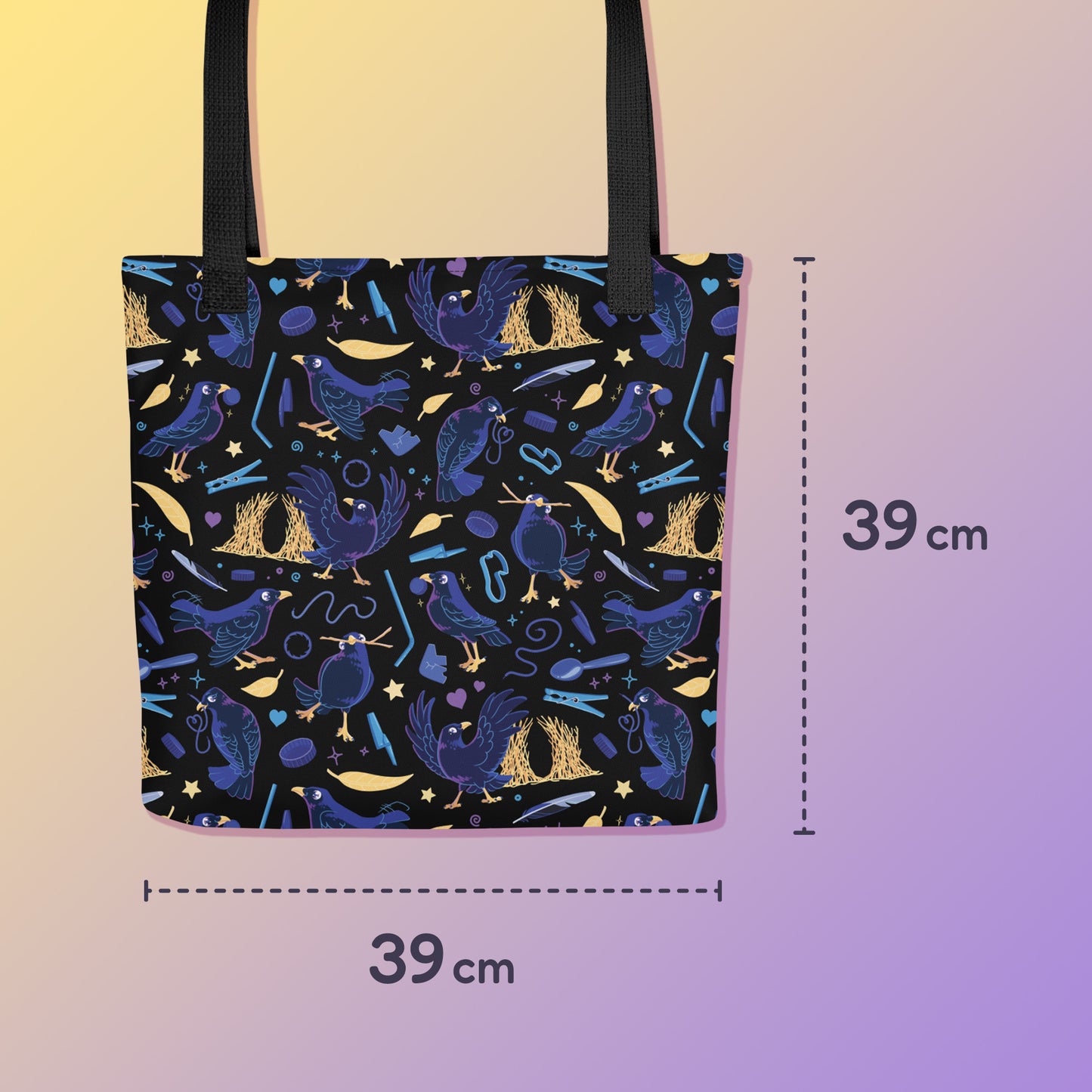 39 x 39cm tote bag with black handles and a black/blue/yellow satin bowerbird pattern pattern on a yellow and purple gradient background