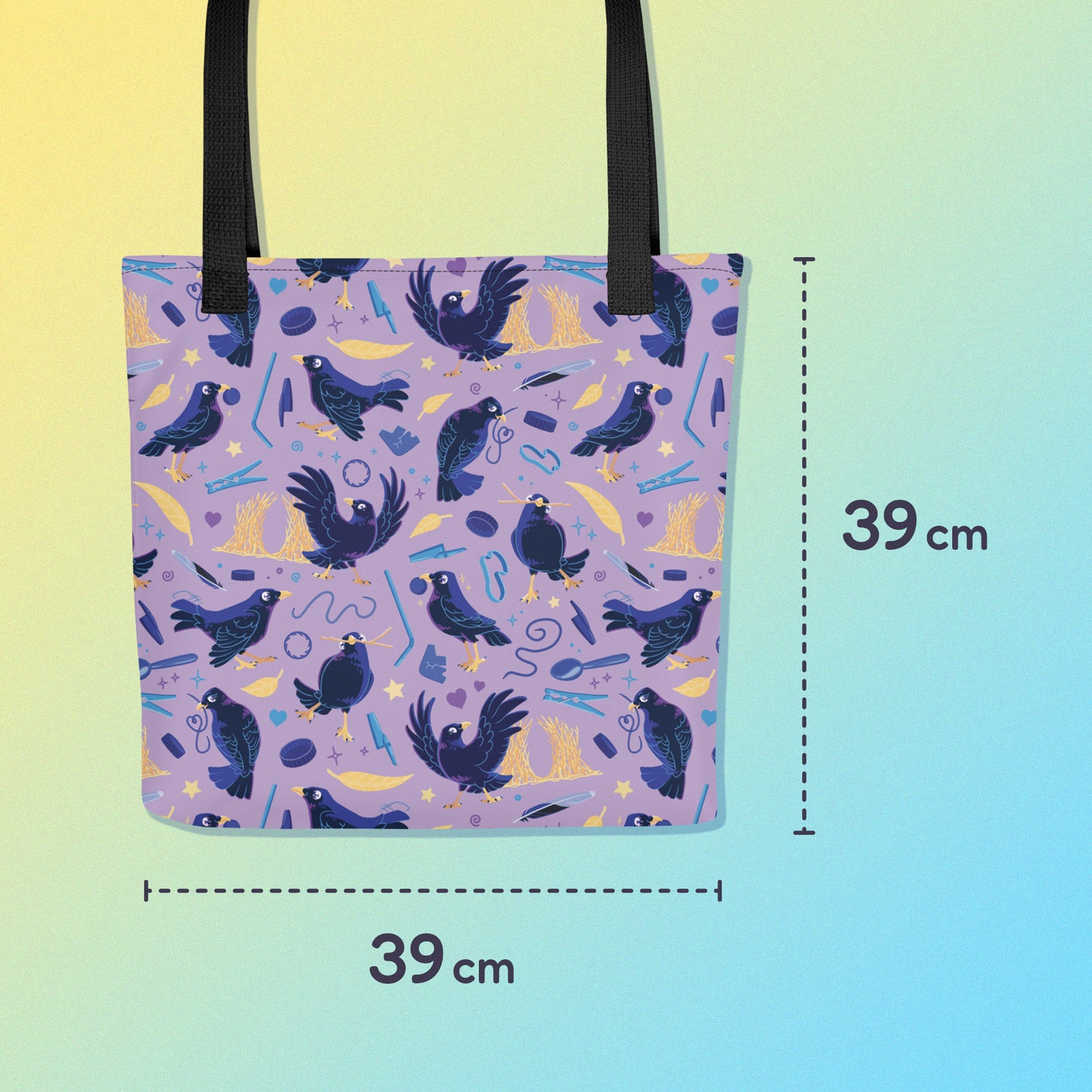 39 x 39cm tote bag with black handles and a purple/blue/yellow satin bowerbird pattern on a yellow and blue gradient background